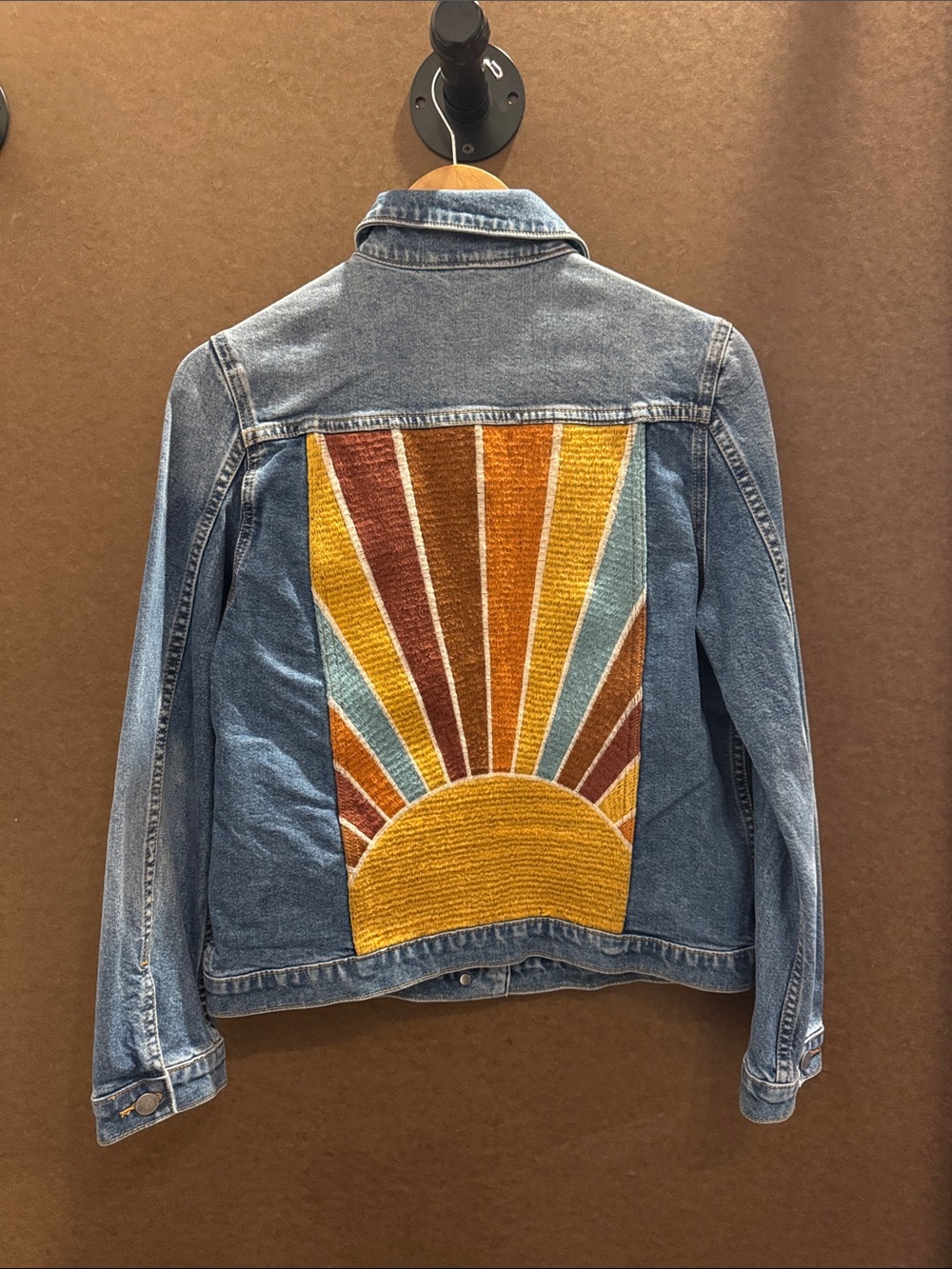 DRIFTWOOD Denim Jacket with Sunset Embroidered Back - Blue/Yellow/Rust